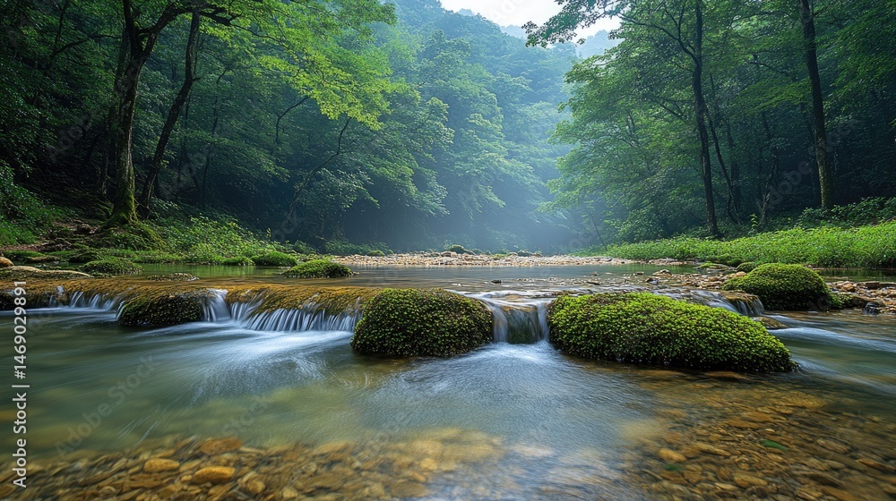 Obraz premium Tranquil mountain stream flowing through lush forest