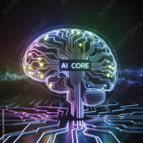 A digital illustration of a human brain intricately formed from glowing circuit patterns and vibrant neon lights, symbolizing the integration of artificial intelligence technology