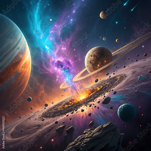 Fototapeta Naklejka Na Ścianę i Meble -  Colorful space scene with planets asteroid belt and glowing clouds