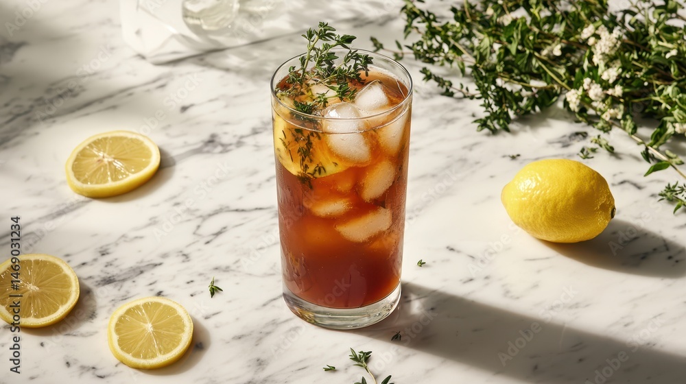 Refreshing Lemon Thyme Iced Tea with Ice in Glass on Marble Surface Refreshing Lemon Thyme Iced Tea with Ice in Glass on Marble Surface