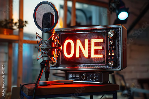 Retro Television with Glowing 'ONE' Letters and Microphone in Cozy Studio