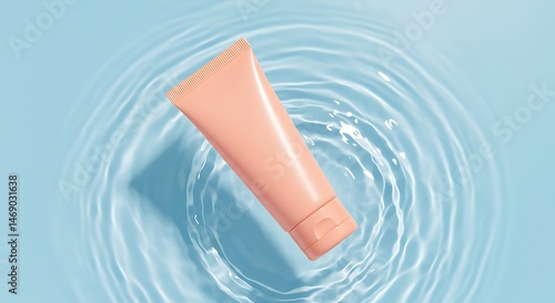 Aesthetic cosmetic tube mockup floating on water surface in gentle pastel colors