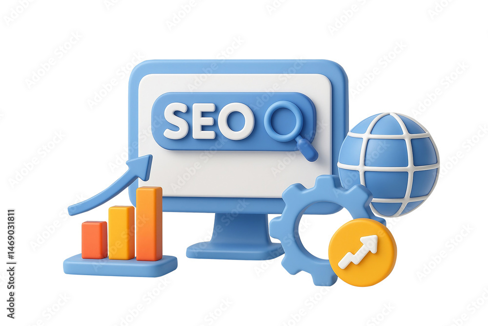 Obraz premium SEO 3D icon with vibrant color and clean style, ideal for marketing, web, and digital strategy visuals