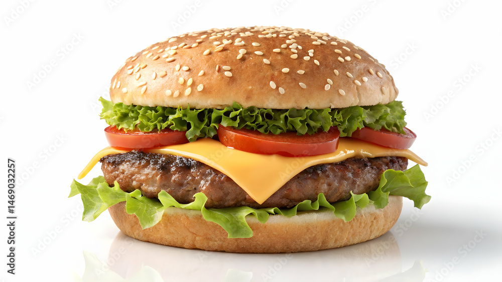 Juicy Cheeseburger with Lettuce, Tomato, and Melted Cheese on Sesame Seed Bun
Juicy Cheeseburger with Lettuce, Tomato, and Melted Cheese on Sesame Seed Bun
