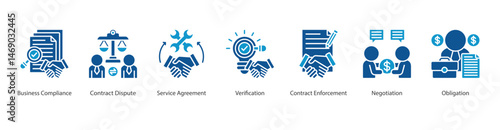 Contract Compliance web banner icon sheet vector business compliance, contract dispute, service agreement, verification, contract enforcement, negotiation, obligation