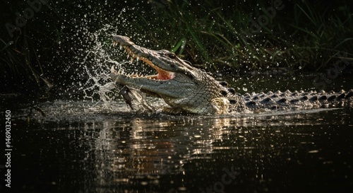 Spectacular aquatic predation moment with crocodile capturing prey in the water