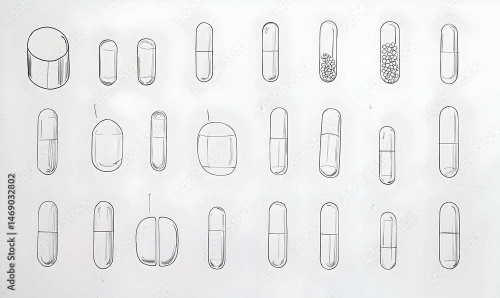 Hand-drawn Sketches of Different Medication Capsules and Tablets Hand-drawn Sketches of Different Medication Capsules and Tablets
