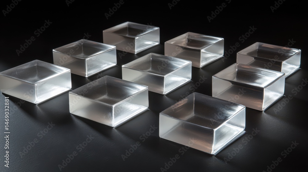 Transparent geometric shapes arranged on a dark background surface Transparent geometric shapes arranged on a dark background surface