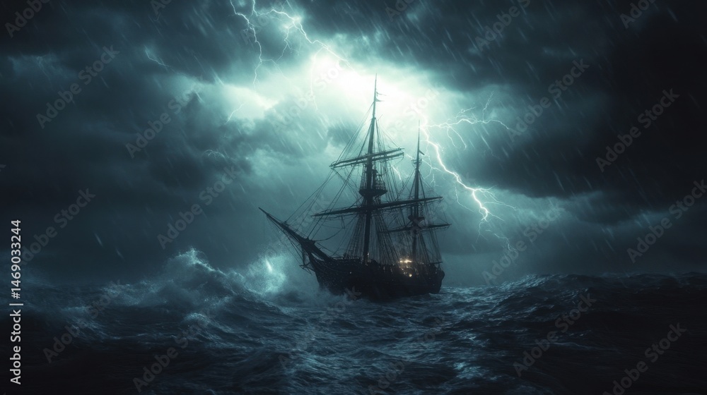 Fototapeta premium A dark ship sails through wild waves under a stormy sky with flashes of lightning illuminating the scene.
