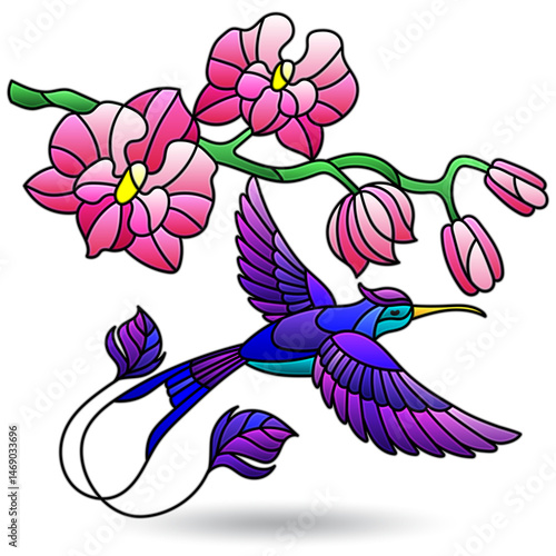 Illustration in the style of stained glass with hummingbird bird and orchid flowers, animal isolated on a white background