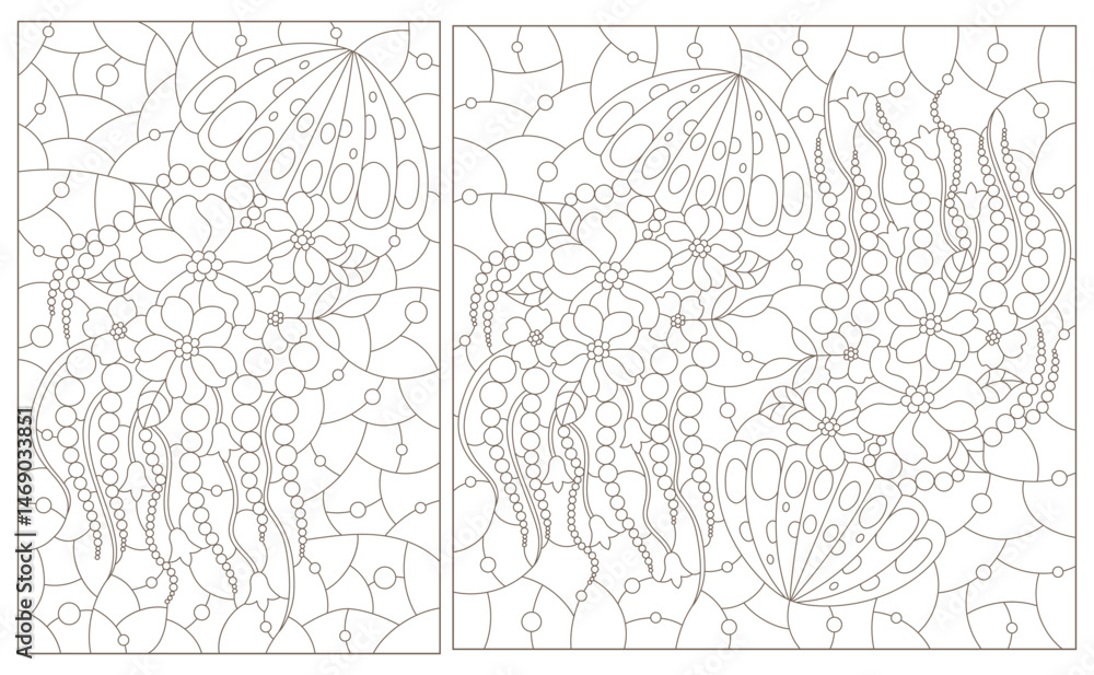 Fototapeta premium A set of contour illustrations in the style of a stained glass window with jellyfish, dark contours on a white background