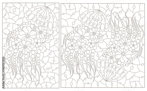 A set of contour illustrations in the style of a stained glass window with jellyfish, dark contours on a white background