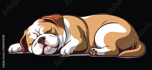 A cute brown and white English Bulldog puppy, a purebred canine, sits near an American Staffordshire Terrier, a sad-looking dog, and a sleeping cat, all isolated as adorable domestic pets