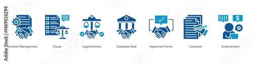 Legal Agreements banner web icon vector contract management, clause, legal contract, corporate deal, agreement terms, covenant, endorsement