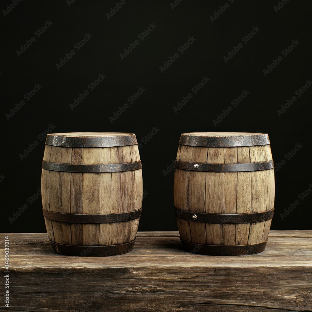 Two wooden barrels on rustic table, dark background Two wooden barrels on rustic table, dark background