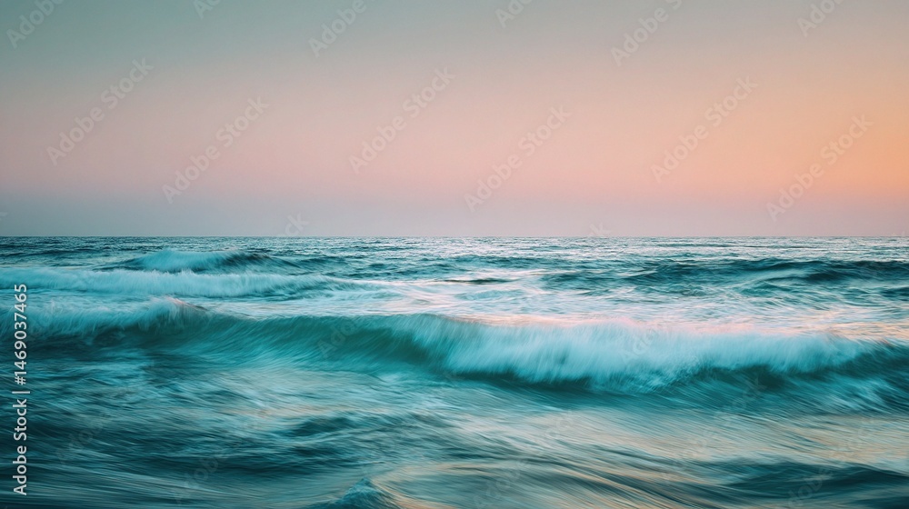 Obraz premium Motion Blurred Seascape with Defocused Waves at Sunset Horizon