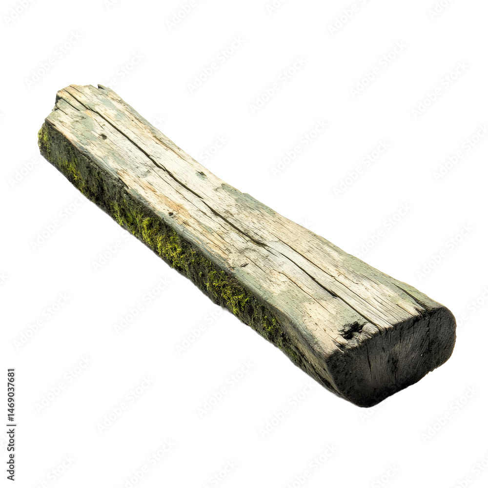 Fototapeta premium A weathered wooden log covered in green moss, resting on a clean white background, ideal for nature-themed projects or rustic decor inspirations
