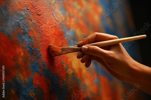 Female Artist Works on Abstract Oil Painting, Moving Paint Brush Energetically She Creates Modern Masterpiece. Dark Creative Studio where Large Canvas