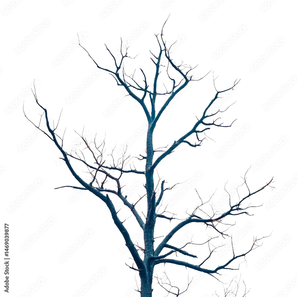 Obraz premium A solitary, bare tree with intricate branches stands against a clear sky, showcasing the beauty of nature in winter, symbolizing resilience and the cycle of life