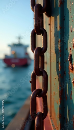 Rusty chain across shipping container, trade halted , economics, broken, globalisation