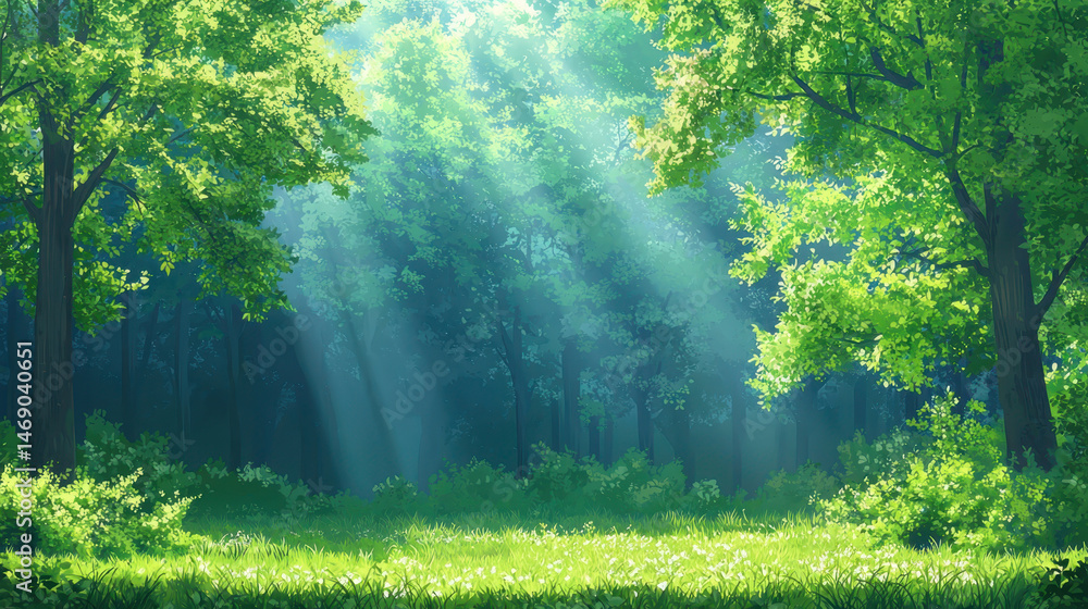 Fototapeta premium Serene forest scene with vibrant green trees and soft sunlight filtering through leaves creates peaceful atmosphere