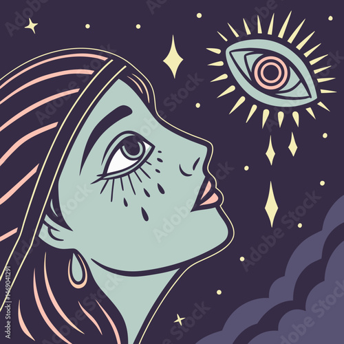 Glowing eye icon dripping stardust, mystical visionary fashion art