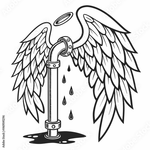 Angel wings leaking chrome fluid, divine and edgy symbolism
