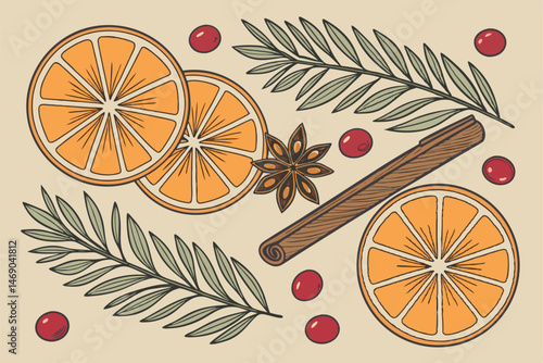 192 orange slices, pine branches, cinnamon sticks, star anise, cranberries, photorealistic, intricate details, vibrant colors, 4k, high quality