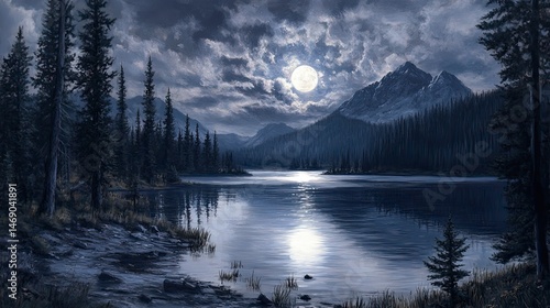 Fototapeta Naklejka Na Ścianę i Meble -  Painting of a lake with a full moon in the sky. The mood of the painting is serene and peaceful