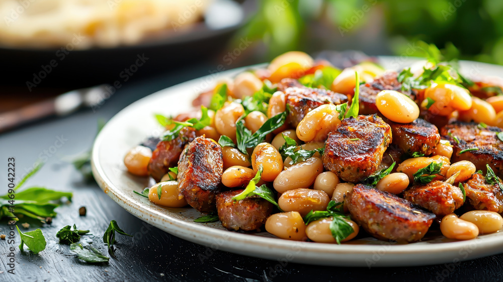 Delicious plate of savory sausage and white beans garnished with fresh herbs, showcasing vibrant colors and textures Delicious plate of savory sausage and white beans garnished with fresh herbs, showcasing vibrant colors and textures