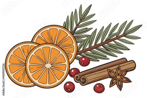 192 orange slices, pine branches, cinnamon sticks, star anise, cranberries, photorealistic, intricate details, vibrant colors, 4k, high quality