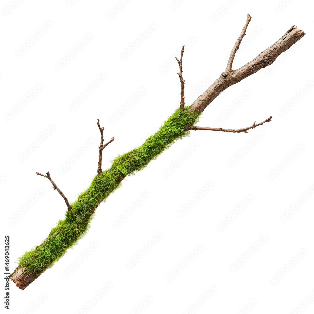 A moss-covered branch lies on a white background, showcasing the intricate details of nature, ideal for environmental themes and nature-related projects A moss-covered branch lies on a white background, showcasing the intricate details of nature, ideal for environmental themes and nature-related projects