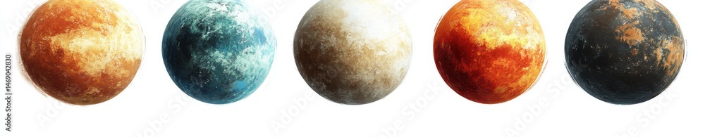 Fototapeta premium Five Diverse Textured Spheres in Various Colors Against White Background