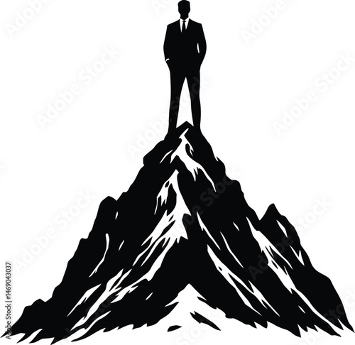 Triumphant Figure on a Mountain Peak Silhouette Featuring a Strong and Confident Pose, Representing Victory, Success, and Achievement in a Rugged Landscape