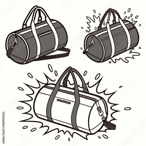 Sporty gym duffel bag with energetic splash effects and dynamic poses