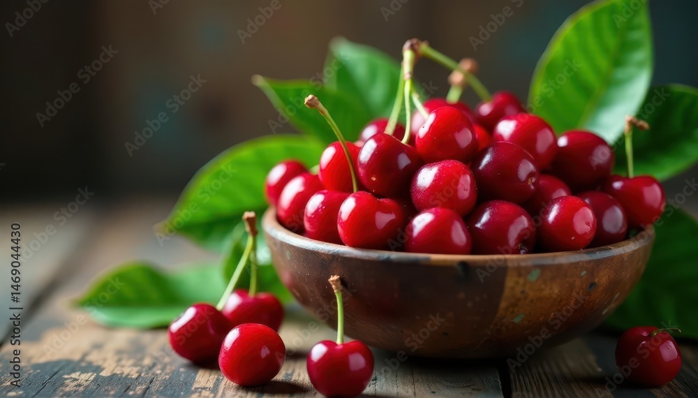 A rustic bowl overflowing with bright red cherries and lush green leaves , dark, image A rustic bowl overflowing with bright red cherries and lush green leaves , dark, image