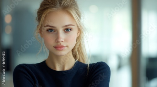 Close-up portrait of a young woman with a serene expression.