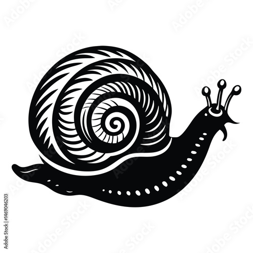 Black and white stylized snail illustration, Cartoon Stylized Snail with Striped Shell