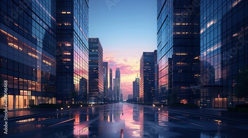 Cityscape with Glass Towers at Sunset