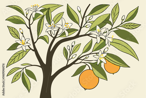 194 detailed realistic digital illustration, highly detailed, hyper realistic, cinematic lighting, oil painting, lush lemon tree, fragrant white blossoms, vibrant green leaves, ripe orange fruits, int