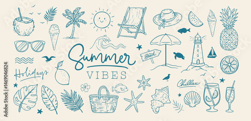 A Versatile Beach Summer Vacation Set of Hand Drawn Line Art Elements