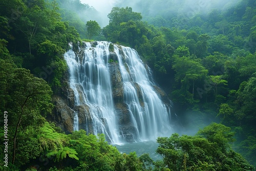 Majestic Waterfall in Lush Green Forest