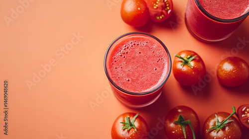 Top-down view of vibrant tomato juice in glasses, surrounded by fresh tomatoes on an orange background.  The juice and produce are arranged attractively.