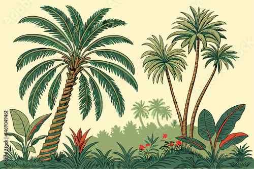 195 tropical palm trees, lush jungle foliage, detailed botanical illustration, vintage, classical painting style, vibrant colors, photorealistic, highly detailed