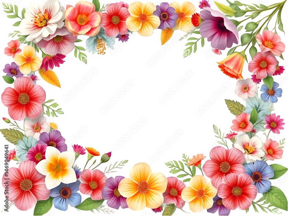 Fototapeta premium Vibrant Floral Frame PNG, Transparent Bloom Border Arrangement, Botanical Spring Overlay, Colorful Flower Illustration for Summer Wedding Invitation Cards