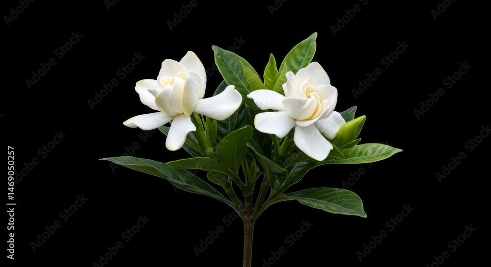 Obraz premium Elegant duo of gardenia blooms exhibiting delicate petals on a stark backdrop