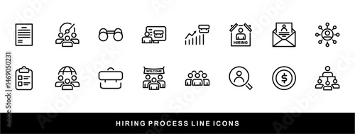 Hiring Process Line Icons. Recruitment, Job Application, Interview, Candidate Selection Vector Set