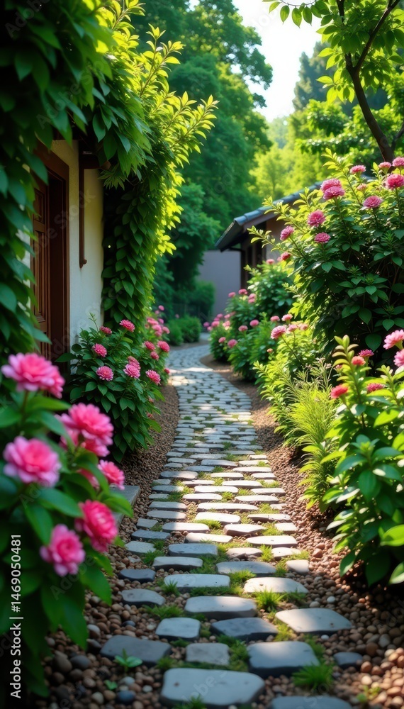 Naklejka premium Cobblestone path, flowering shrubs, secluded setting, macro, isolated