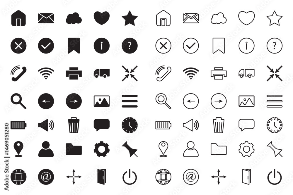 Universal Digital Icons Set. email, message, heart, star, home, cloud, settings, checkmark, cross, information, phone, wifi, printer, search, speaker, image, trash, clock, location, user, gear. Universal Digital Icons Set. email, message, heart, star, home, cloud, settings, checkmark, cross, information, phone, wifi, printer, search, speaker, image, trash, clock, location, user, gear.