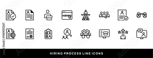 Hiring Process Line Icons. Recruitment, Job Application, Interview, Candidate Selection Vector Set